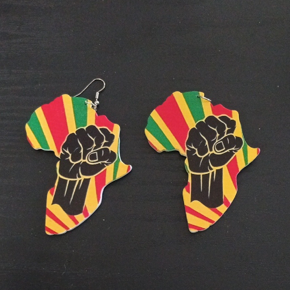 Africa Shape Wooden Earrings with Raised Fist - Red, Yellow, Green, Black